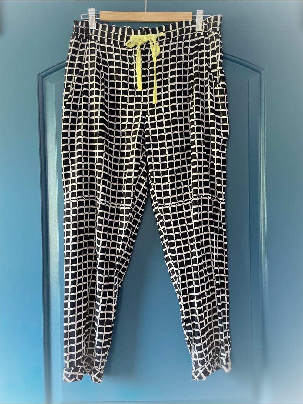 WILFRED Silk Black and White Grid Joggers with Yellow Drawstring
